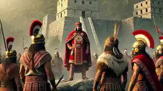 El emisario inca, flanqueado por guerreros, transmite un mensaje tenso al consejo de los Chachapoya.