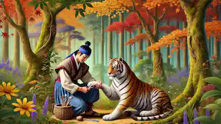 Jin le quita la espina de la pata del tigre.