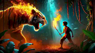 Mowgli enfrentándose a Shere Khan con una rama ardiendo.