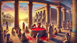Los sacerdotes de Ra preparan una mezcla de cerveza roja en un patio sagrado para calmar a la diosa Sekhmet.