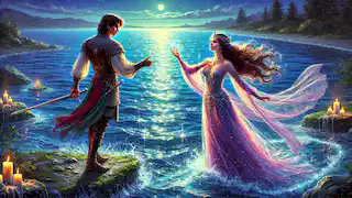 Esfandiyar se enfrenta a una hermosa hechicera junto a un lago resplandeciente, con la espada lista, mientras la luz de la luna se refleja en las aguas.
