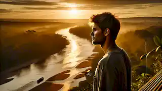 Lucas se encuentra en las orillas del río Amazonas al atardecer, reflexionando sobre su viaje.