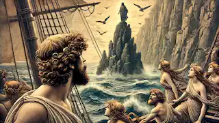Callistos mira hacia arriba a una Sirena silenciosa en un acantilado rocoso, mientras otras Sirenas cantan en el fondo.