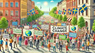 Eine allgemeine Klimawandel-Demonstration in Schweden mit verschiedenen Menschen, die Banner und Schilder halten, um Umweltnachhaltigkeit zu fördern.