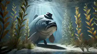 Un gran pez se despierta y descubre que le falta su sombrero, rodeado de plantas submarinas.
