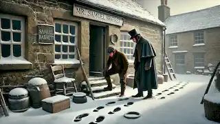 Dos hombres inspeccionan misteriosas huellas en forma de pezuña afuera de una tienda de piedra cubierta de nieve en un pueblo inglés de 1855.