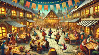 Eine festliche Szene mit Dorfbewohnern, die tanzen und das Drachenfest mit Musik und Essen feiern.
