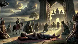 El príncipe Bantugan yace gravemente enfermo ante las puertas de la Tierra del Sol Poniente, mientras se acumulan nubes de tormenta y los guardias acuden rápidamente en su ayuda.