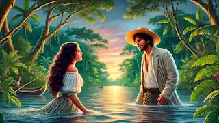 María se encuentra con Antonio a orillas del río Amazonas; él emerge del agua bajo un cielo colorido al anochecer.