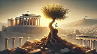 El Sagrado Olivo brota un nuevo retoño entre las ruinas de Atenas tras la invasión persa, resplandeciendo bajo la protección de Atenea.