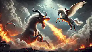 Pegaso bebiendo en un sereno manantial, mientras Belerofonte se acerca sosteniendo un brida de oro.