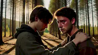 Sam y Ben se encuentran uno frente al otro en un bosque. Ben mira hacia abajo, avergonzado, mientras que Sam parece herido pero sereno.