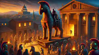 Los soldados griegos emergen del Caballo de Troya, con las espadas desenfundadas, mientras los civiles troyanos celebran sin sospecharlo.