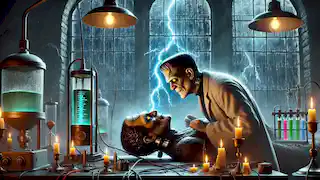 Víctor Frankenstein anima a su criatura en una noche tormentosa, en un laboratorio repleto de artefactos.