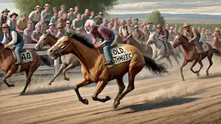 El cansado caballo asmático de Jim Smiley galopa lentamente en una carrera, mientras los espectadores observan y se ríen.