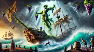 Dionisio transforma un barco pirata, haciendo que crezcan vides mientras los piratas saltan al agua aterrorizados.