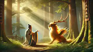 Confucius s'agenouille devant le Qilin rayonnant dans un bosquet paisible, où la lumière du soleil se faufile à travers les arbres.