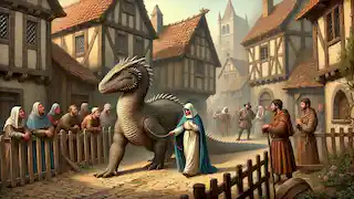 Santa Marta guía la sosegada Tarasca a través de un pueblo medieval, mientras los aldeanos la observan con cautela desde sus hogares.