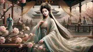 Yang Guifei em um extravagante palácio da dinastia Tang, vestindo robes elegantes, cercada por árvores floridas e músicos.