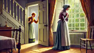 Josefina llama a la puerta, preocupada, mientras la señora Mallard se asoma por la ventana, reflexionando sobre su nueva libertad.