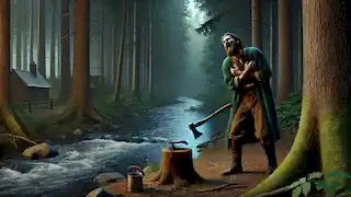 Gerardo, el avaro leñador, lanza su hacha al río, fingiendo llorar, mientras oscurecidas sombras se dibujan en el fondo.