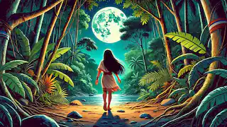 Naiá camina descalza por la selva amazónica en la noche, iluminada por la brillante luna que brilla arriba.