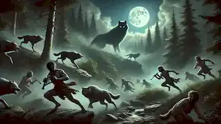 Los sátiros atraviesan un paisaje peligroso, utilizando la música para distraer a los lobos sombríos bajo un cielo iluminado por la luna durante su travesía.