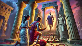 Theseus, der aus dem Labyrinth tritt, während Ariadne am Eingang wartet und Erleichterung sowie Hoffnung zeigt.