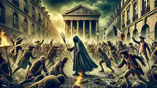 Uma cena caótica da Revolução Francesa, com uma figura sombria observando a rebelião em Paris.