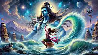 El Señor Shiva controla el poderoso torrente del río Ganges con su cabello enmarañado mientras desciende del cielo.