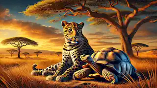 Un leopardo y una tortuga sentados juntos como amigos bajo un árbol de acacia en la sabana africana.