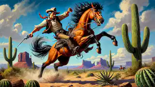 Pecos Bill domando al salvaje mustang llamado Widow-Maker en un polvoriento paisaje del desierto.