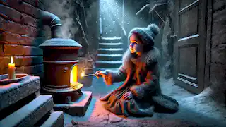 Una frágil niña sentada en un callejón nevado, encendiendo su primer fósforo, revelando la cálida imagen de una estufa de hierro ante sus ojos.