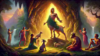 Zeus als Kind in einer leuchtenden Höhle, umgeben von Nymphen, die sich um ihn kümmern, während Amalthea ihn im göttlichen Licht nährt.