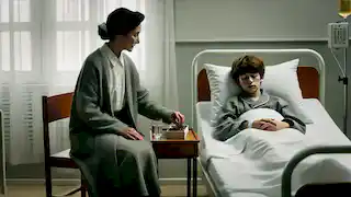 La madre se sienta al lado de la cama del hospital de su hijo, colocando una pequeña caja de regalos llena de caramelos sobre la mesita.