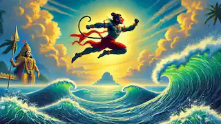 Hanuman saltando sobre el océano para alcanzar Lanka en busca de Sita.