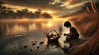 Jandamarra arrodillado en la orilla del río al amanecer, ofreciendo una canasta como tributo, mientras una bruma se levanta del agua.