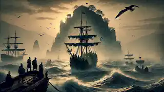 El barco griego Aletheia navega hacia una isla brumosa con miembros de la tripulación nerviosos en cubierta.