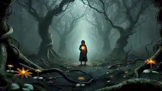 Anahita se encuentra en un oscuro bosque, sosteniendo un frasco brillante, mientras flores brotan a su alrededor.