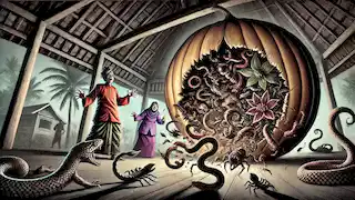 Bawang Merah abre un gran calabaza, y de ella salen serpientes y escorpiones, desatando el caos y el miedo en la casa.