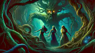 Las tres hermanas ninfas se enfrentan a un gigantesco espíritu del árbol en el oscuro Bosque de Sombras, repleto de raíces retorcidas y una luz tenue.