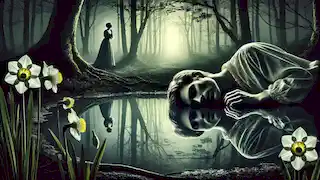 Narciso yace débil junto a la charca, mientras una delicada flor de narcisos florece a su lado y Eco observa desde la distancia.