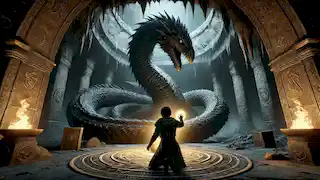 Eadric se enfrenta al wyvern enrollado en su guarida, canalizando magia antigua mientras la criatura lo observa desde las sombras.