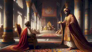 El visir ofreciendo regalos a un rey vecino en un gran palacio, negociando la paz.