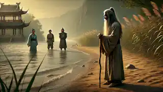 Sha Wujing se encuentra junto a un río, sosteniendo su báculo, mientras Xuanzang, Sun Wukong y Zhu Bajie lo observan desde el otro lado.