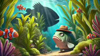Pequeños peces escondidos entre plantas densas, mientras la sombra de un pez grande se asoma detrás.