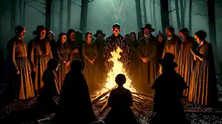 Goodman Brown presencia un oscuro ritual en el bosque, donde los aldeanos conocidos y Faith se reúnen alrededor de un fuego.