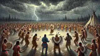Die Anishinaabe-Gemeinschaft führt den Heiligen Tanz unter einem stürmischen Himmel auf.