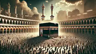 Pilger führen Tawaf um die Kaaba durch, während der schwarze Stein schwach in der Ecke der Struktur leuchtet.