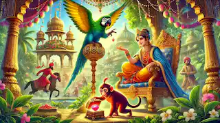 Le roi Raja, le perroquet Pari veillant sur le rubis, et le singe Momo cherchant la gemme cachée dans la cour du palais.